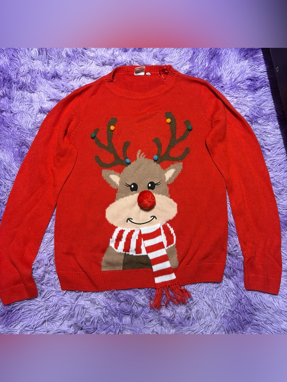 Girls Red Reindeer Knit Sweater with Pom-Pom Nose
